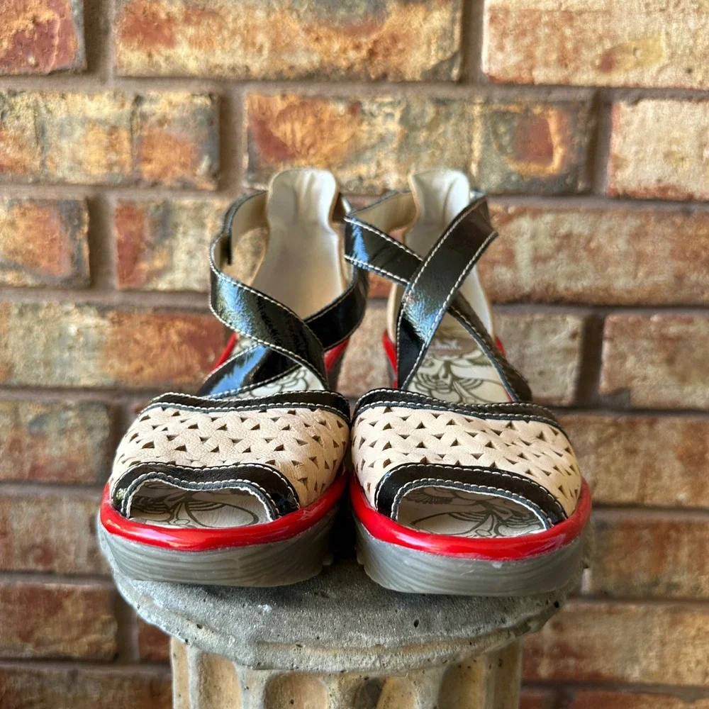Fly London Ynes Beige Black Red Patent Leather Wedge Sandal  Womens 38 Quirky